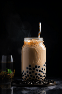 浅棕色奶油奶茶，加牛奶和黑木薯粉，装在灰色背景的玻璃罐里
