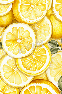 手绘柠檬插画摄影照片_黄柠檬片水果重复平铺无缝背景手绘插画
