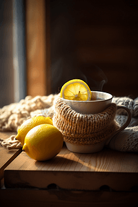 冬季穿着摄影照片_一杯热茶与柠檬穿着针织温暖的冬季围巾棕色木制桌面软焦点
