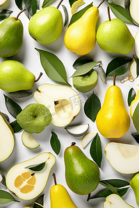 花纹边框尖摄影照片_果实花纹无缝。青苹果、梨、鳄梨和柠檬。新的收获。健康和素食。
