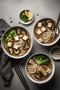 烤豆腐摄影照片_味噌荞麦面配烤豆腐和蘑菇。俯视图
