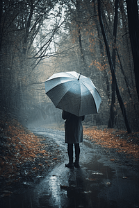 天气自然大气保护放松理念。带伞的人。一个在雨中行走的人。
