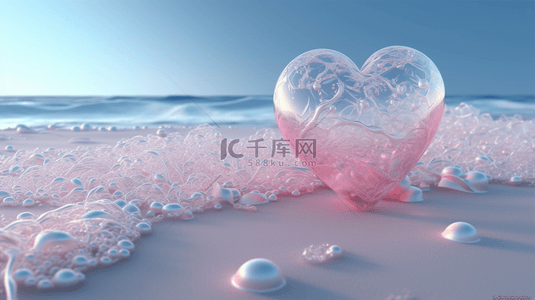 3D七夕背景图片_520海边沙滩透明爱心
