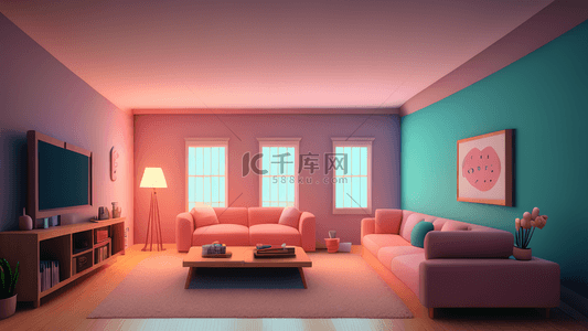 粉色立体空间背景图片_蓝粉色可爱3D客厅