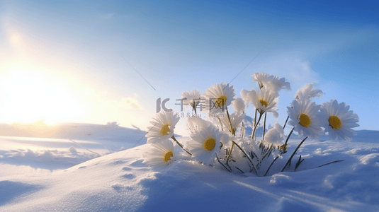 晴朗天空背景图片_晴朗天空下雪地上的花朵
