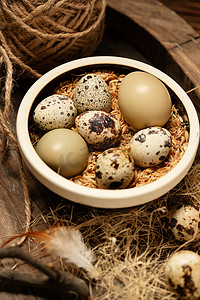 碗中的鹌鹑蛋和鸡蛋