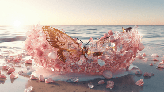 花瓣520背景图片_520海边粉色透明蝴蝶爱心