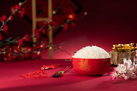 古典梅花背景摄影照片_中国传统特色米饭