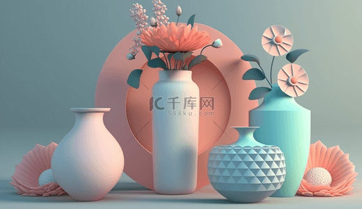 装饰小球背景图片_蓝粉色3D装饰花瓶电商展台