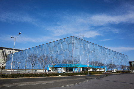 城市标志建筑摄影照片_北京国家游泳中心-水立方