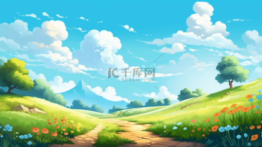 绘图背景图片_卡通夏日蓝天白云花草背景