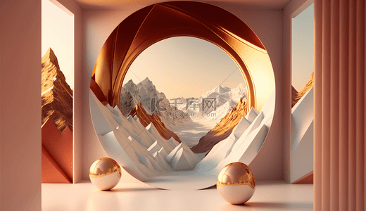 橙色大气背景图片_3D立体展台镜面球形背景