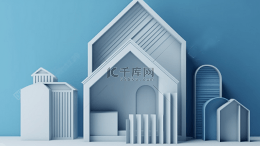 3D立体展台蓝白色房屋背景