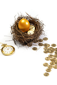 金币堆金融素材摄影照片_鸟窝里的金蛋金币和怀表