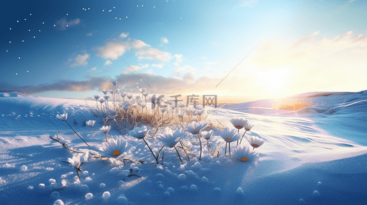 晴朗天空背景图片_晴朗天空下雪地上的花朵