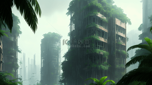 城市科技绿背景图片_热带雨林破旧建筑