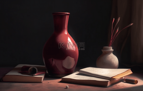 花瓶书背景背景图片_红色背景简约的书桌一角