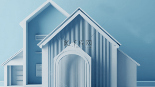 3D立体展台蓝白色房屋背景