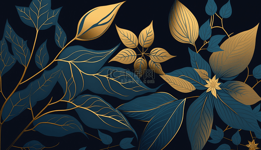 叶子蓝色背景图片_蓝色花卉图案和金色叶子底纹