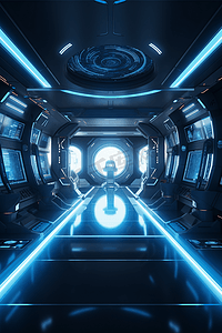 蓝色的飞船内部发光的霓虹灯反射在地板上，未来走廊在空间站与圆形背景3D渲染