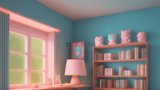 蓝粉色可爱背景图片_蓝粉色可爱3D书房