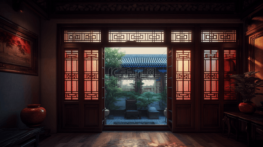 中式镂空背景图片_中国风中式大窗厅堂风景