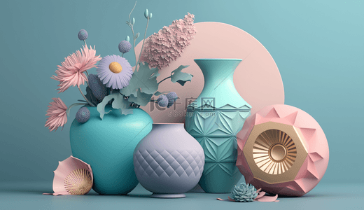 粉电商背景图片_蓝粉色3D装饰花瓶电商展台