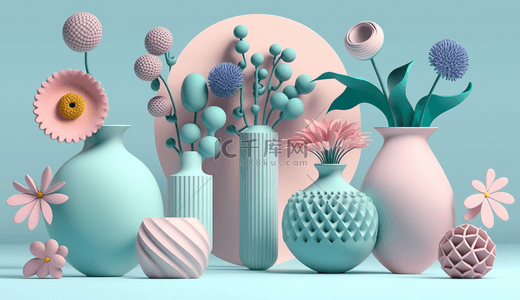 粉色亮背景图片_蓝粉色3D装饰花瓶电商展台