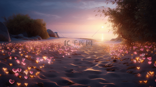 浪漫的布满粉色心形的沙滩
