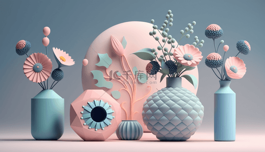 装饰小球背景图片_蓝粉色3D装饰花瓶电商展台