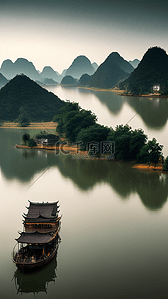 山水船只背景图片_桂林绿色山水风景