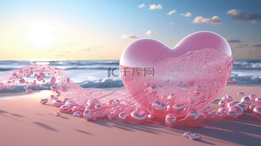 情人节白色爱心背景图片_520海边沙滩透明爱心