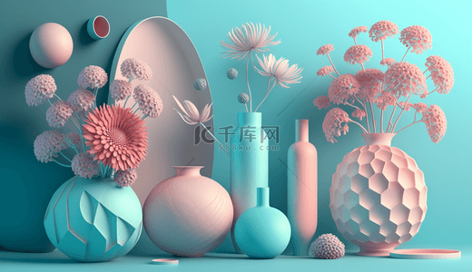 粉电商背景图片_蓝粉色3D装饰花瓶电商展台