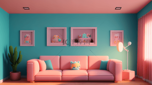 粉色室内设计背景图片_蓝粉色可爱3D客厅