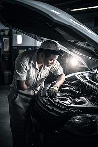 车库霓虹灯字摄影照片_在车间车库检查和维修汽车的技术员;汽车维修技师负责汽车发动机的维修和保养