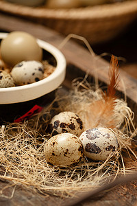生鸭蛋摄影照片_碗旁的鹌鹑蛋和羽毛