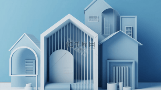 蓝白色渐变背景图片_3D立体展台蓝白色房屋背景