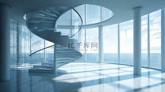 蓝色带旋转楼梯的立体空间
