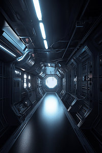 未来宇宙飞船或空间站里黑暗的大气走廊，科幻概念3D渲染