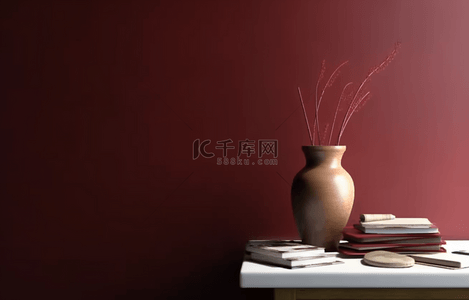 花瓶书背景背景图片_红色背景简约的书桌一角