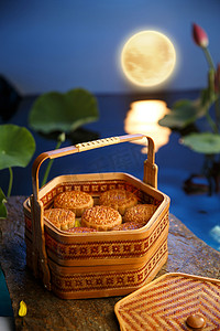 中秋节月亮圆月摄影照片_月饼