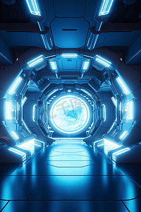 圆形边框组合摄影照片_蓝色的飞船内部发光的霓虹灯反射在地板上，未来走廊在空间站与圆形背景3D渲染