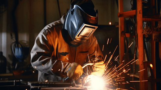 工人穿着工作服，戴着防护面具，用焊机焊接金属。专业焊机。穿着防护工作服的男人。
