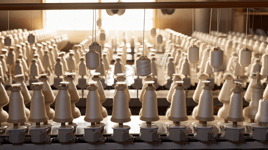 纺织业——纺织厂纺纱机上的纱线线轴
