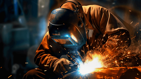 焊工焊接火花轻而热。金属铁的工作和工作。防护口罩和手套。工业工业。
