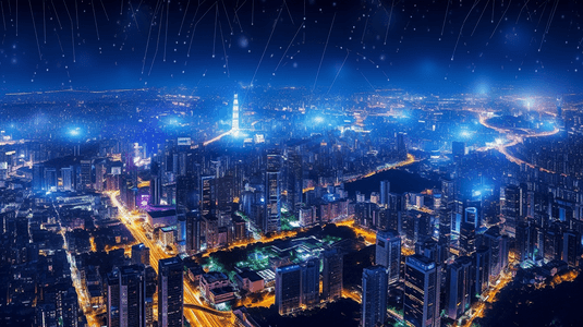 佛山城市风光夜景和5G智慧城市大数据概念
