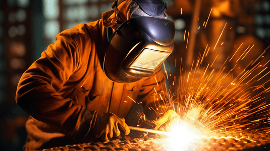 枪火火花摄影照片_焊工焊接火花轻而热。金属铁的工作和工作。防护口罩和手套。工业工业。
