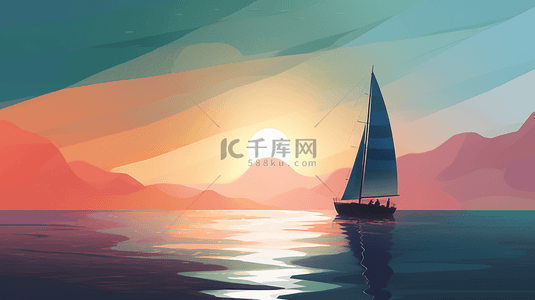 海面日出背景图片_宁静怀旧的日出帆船风景
