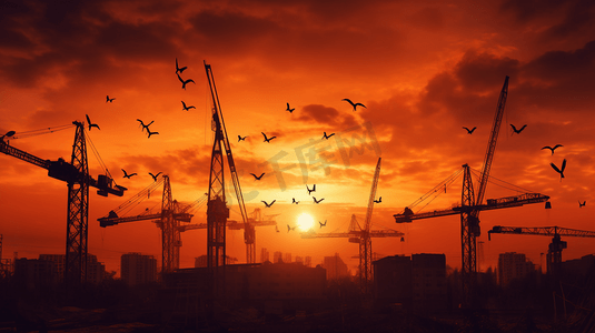工业景观与夕阳背景上的起重机剪影
