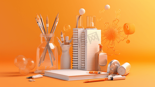笔记本周围的试管显微镜原子书笔记本和文具在橙色的背景。教育理念说明。3 d渲染。
